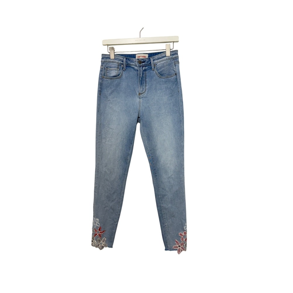 Driftwood Jackie High Rise Jeans Womens 27 Light Wash Floral Embroidered Raw Hem